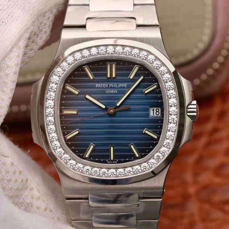 Patek Philippe Nautilus Diamond Bezel Blue Dial Silver Strap Mad Watch Quartz Movement Dated Watch For Men's-Best Men's Collection PK-2136