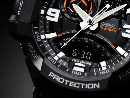 Casio G-Shock Analog Gravity Master Twin Sensor World Time Digital Men Resin Strap Watch with Black Round Dial With Metal Case Watch For Man Day And Date Gift Watch G435