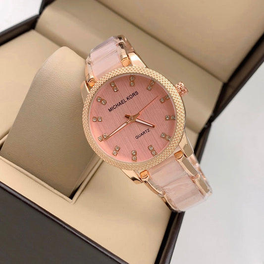 Michael Kors Pink Gold Strap Gold Tone Case Stainless Steel Analog Pink Dial Watch Women's Watch For Girl Or Woman Best Gift Watch-MK-8018