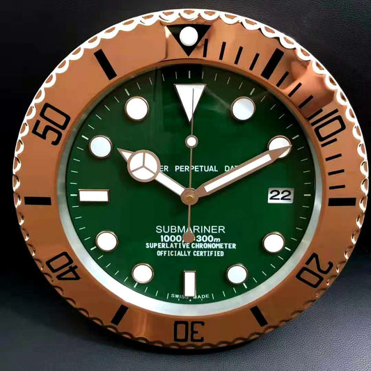 Rolex Wall Clock Quartz Analog Dated Design Metal Art Wall Clock Luminous Function Gold Case Green Dial Metal Home Decor Wall Clocks Inspired By Submariner II Dated Wall decording Clock- Classy Look Clock For Home D cor Wall RLX-WC-907