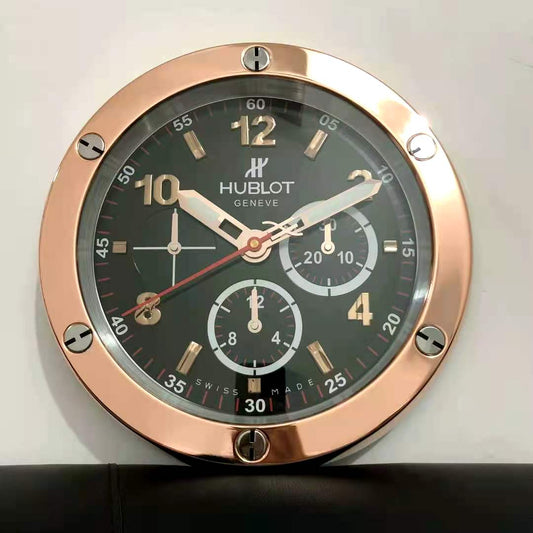 Hublot Wall Clock Black Chronogragh Design Luminous Function Metal Art Wall Clock Black Dial With Metal Rose Gold Case & White Markers Home Decor Wall Clocks Inspired By Big Bang Wall decording Clock- Classy Look Clock For Home D cor Wall HB-WC-713