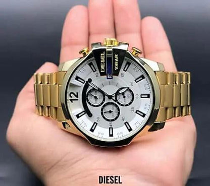 Diesel Mega Chief Chronograph Full Gold White Dial Men's Watch For Man DZ-4342 Gift
