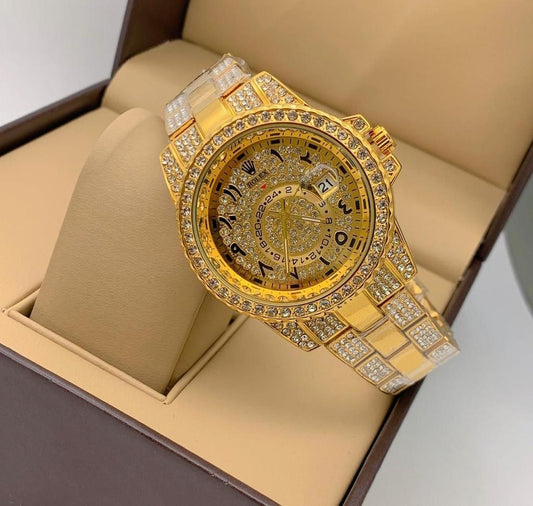 Rolex Analog Diamond Set Watch Royal Gold Color Diamond Stainless Steel With Gold Color Diamond Arabic Dial Dated Watch For Men's And Women's -Best For Stylist Look- RLX-8093