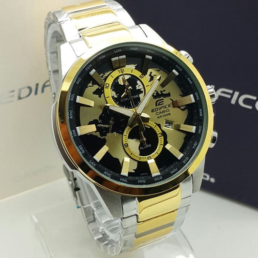 Casio Edifice Chronograph Gold Black World Design Dial Gold Silver Metal Men's Watch EFR-311-best Gift