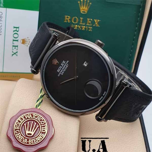 Rolex Black Leather Watch For Men's Casual New Trending style Watch Rlx-2-11 Black Dial Metal Case Date Watch Best Gift Watch