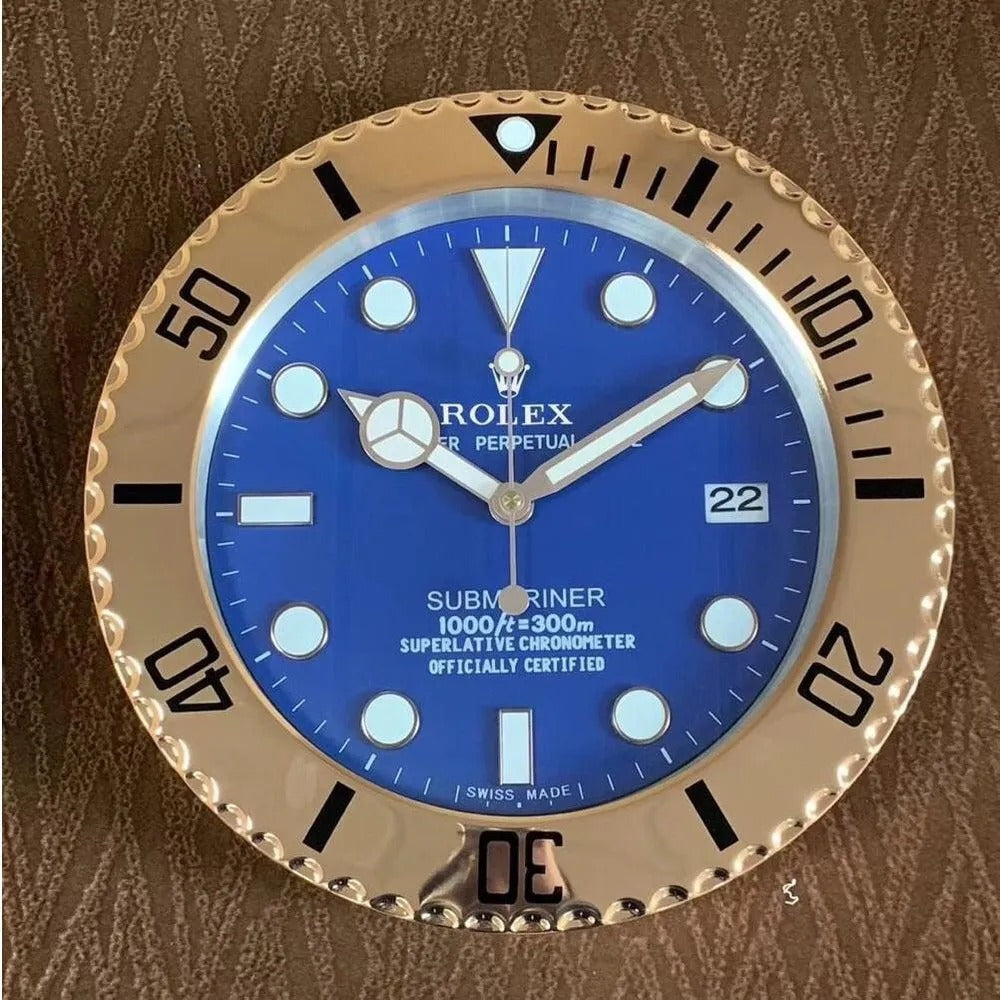 Rolex Wall Clock Quartz Analog Dated Design Metal Art Wall Clock Luminous Function Gold Case BLue Dial Metal Home Decor Wall Clocks Inspired By Submariner II Dated Wall decording Clock- Classy Look Clock For Home D cor Wall RLX-WC-906