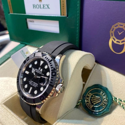 Rolex Yacht-Master Analog Black Dial Ceramic Bezel In Silver Color Oysterflex Silicon Bracelet Men's Watch For Man Rlx-M268656