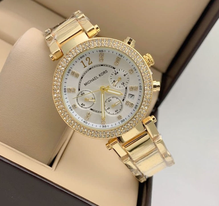 Michael Kors Chronogragh watch With Golden Color Metal Case & White And Gold Strap & White Dial Watch For Women's Design Golen Dial For Girl Or Woman Best Gift Date Watch- MK-9874