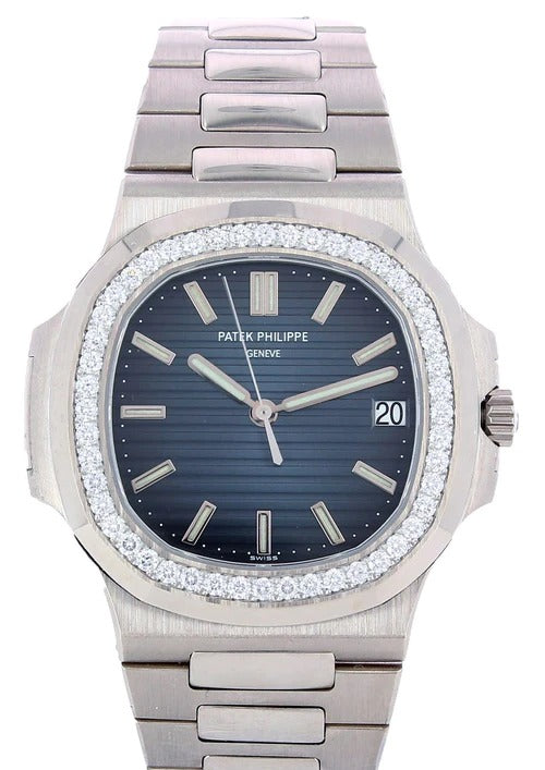 Patek Philippe Nautilus Diamond Bezel Blue Dial Silver Strap Mad Watch Quartz Movement Dated Watch For Men's-Best Men's Collection PK-2136