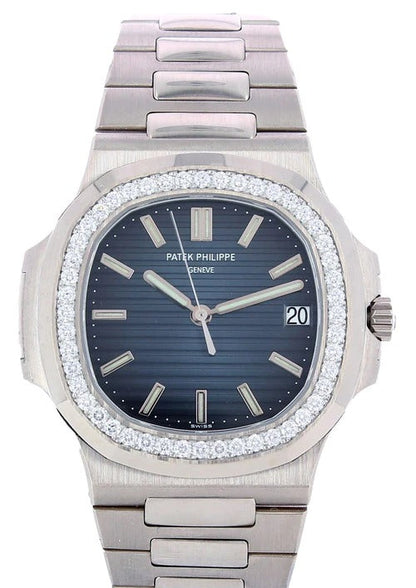 Patek Philippe Nautilus Diamond Bezel Blue Dial Silver Strap Mad Watch Quartz Movement Dated Watch For Men's-Best Men's Collection PK-2136