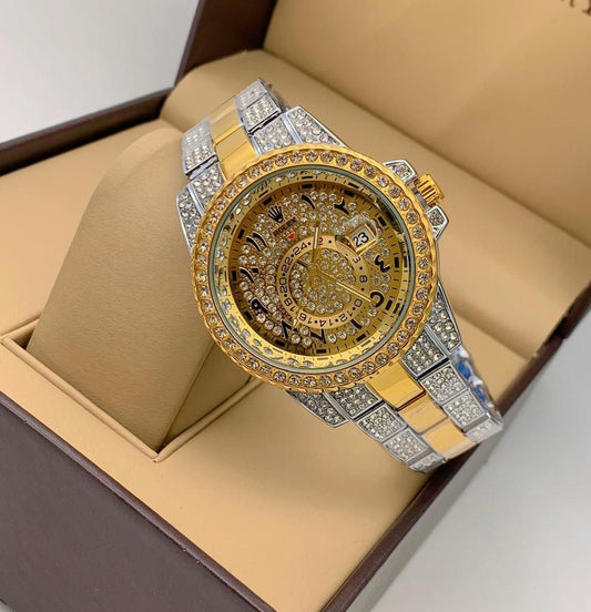 Rolex Analog Diamond Set Watch Royal Diamond Multicolor Stainless Steel With Gold Color Diamond Arabic Dial Dated Watch For Men's And Women's -Best For Stylist Look- RLX-8098