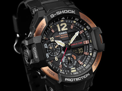 Casio G-Shock Analog Rose Gold RAVITYMASTER Twin Sensor World Time Digital Men Black Analogue and Digital watch With Metal Case Watch For Man Day And Date Gift Watch GA-1100RG-1ADR