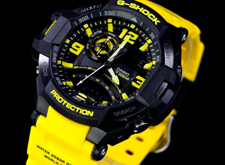 Casio G-Shock Analog Gravity Master ARMY MILITARY NAVY WATCH Twin Sensor World Time Digital Men Black Analogue With Yellow Strap and Digital watch With Metal Case Watch For Man Day And Date Gift Watch GA-1000-9A