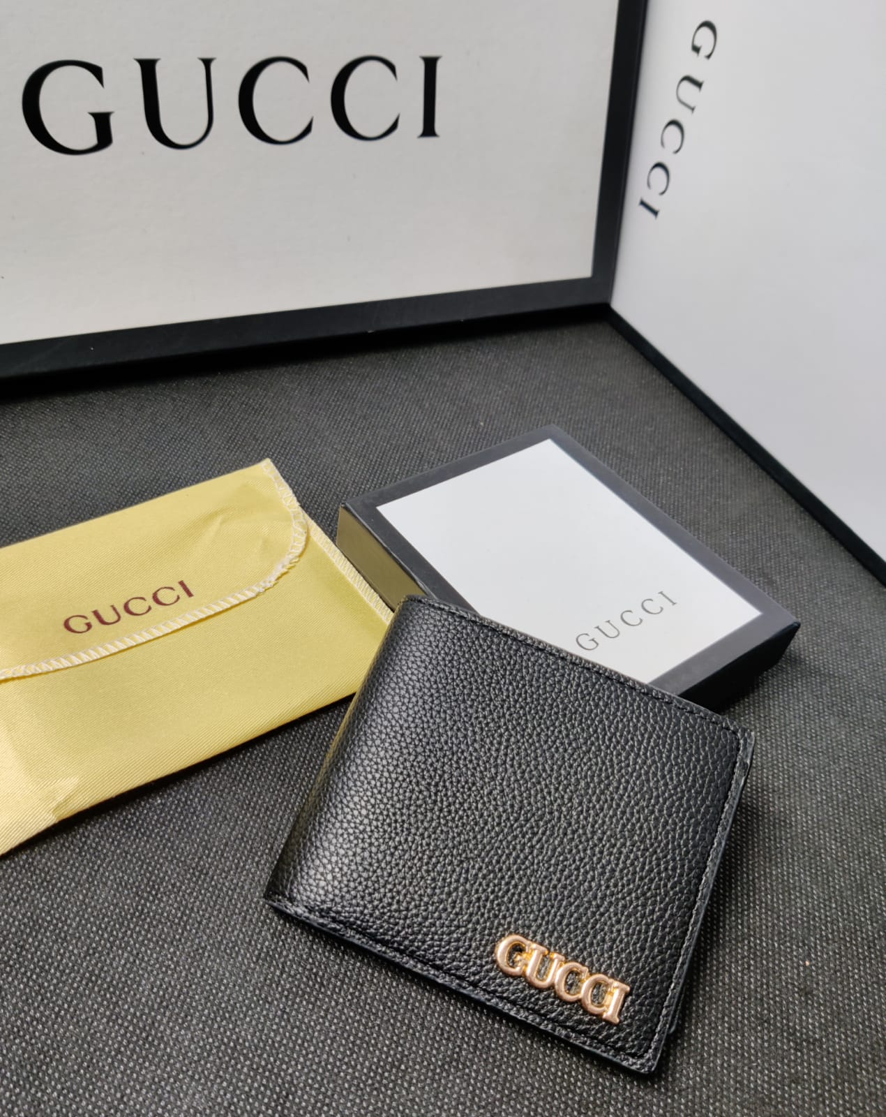 Gucci Leather Heavy Quality Full Black Plain wallet with Golden Logo Wallet For Man GU-704