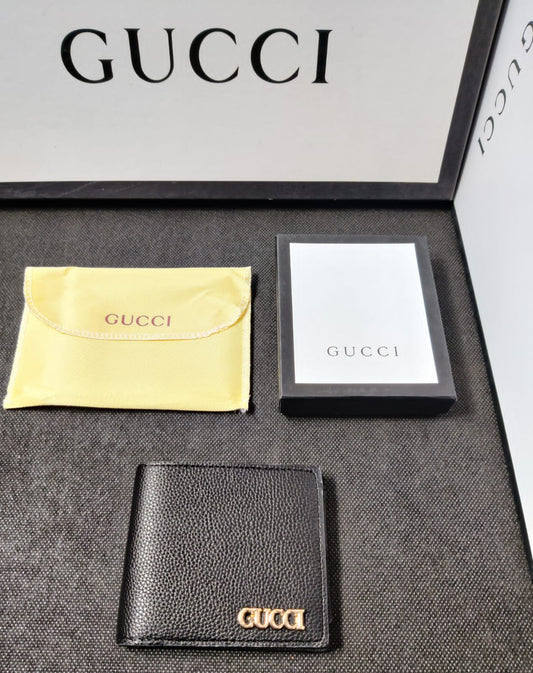 Gucci Leather Heavy Quality Full Black Plain wallet with Golden Logo Wallet For Man GU-704
