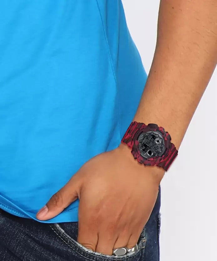 Casio G-Shock Analog Digital Black Army Dial Resin Red Army Strap Gents Wrist Watch-Best Gift GA-100CM-4ADR