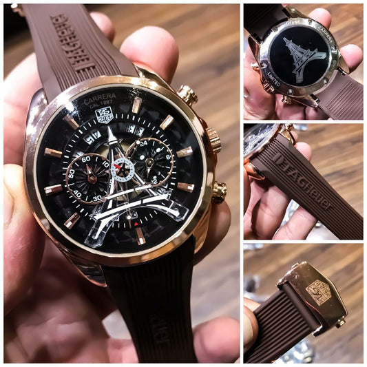 Tag Heuer Carrera Caliber Eiffel Tower Edition TAG-IT-55 Fiber Brown Color And Sapphire Glass Watch Rubber Strap Chronograph Black Dial Watch For Men's __ Classy Look Watch