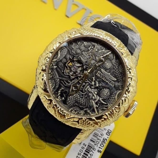Invicta Mens S1 Rally 25082 Yakuza Black & Golden Silicon Strap Watch For Man Dragon Design Black Dial- Best Gift S1-25082