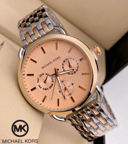 Michael Kors Peach Dial Women's Mk-857 Watch For Girl Or Woman Chronograph Multi Dial Gold Silver Day Date