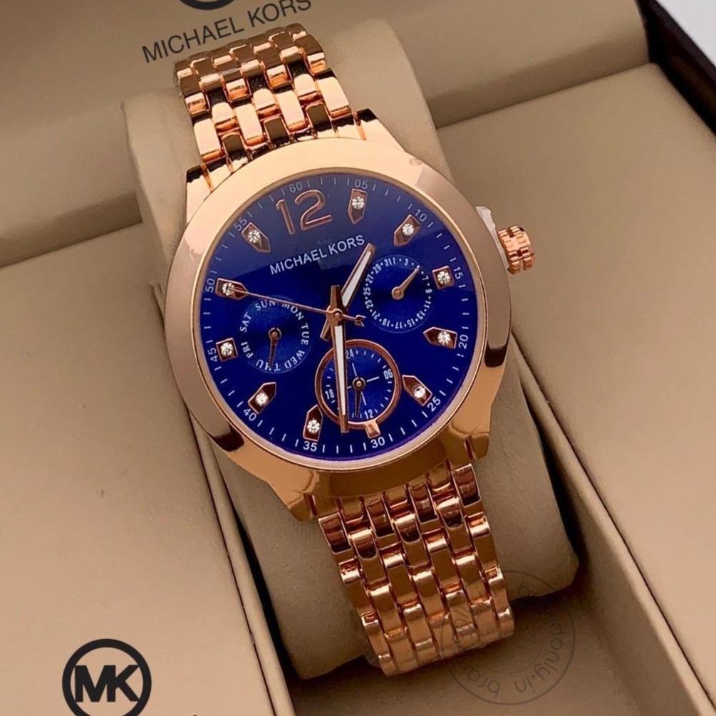 Michael Kors Blue Dial Women's Mk-012 Watch For Girl Or Woman Chronograph Multi Dial Gold Day Date