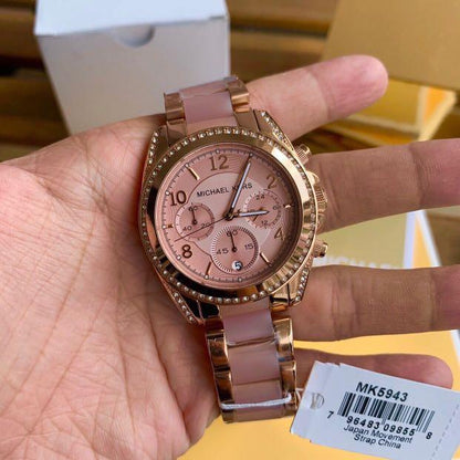 Michael Kors Chosmogragh Watch With Rose Gold Metal Case & Pink Dial Dated Multicolor Strap Watch For Women's Design For Girl Or Woman Best Gift Date Watch- MK-5943