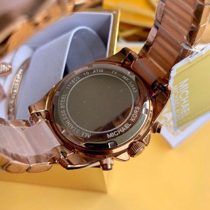Michael Kors Chosmogragh Watch With Rose Gold Metal Case & Pink Dial Dated Multicolor Strap Watch For Women's Design For Girl Or Woman Best Gift Date Watch- MK-5943