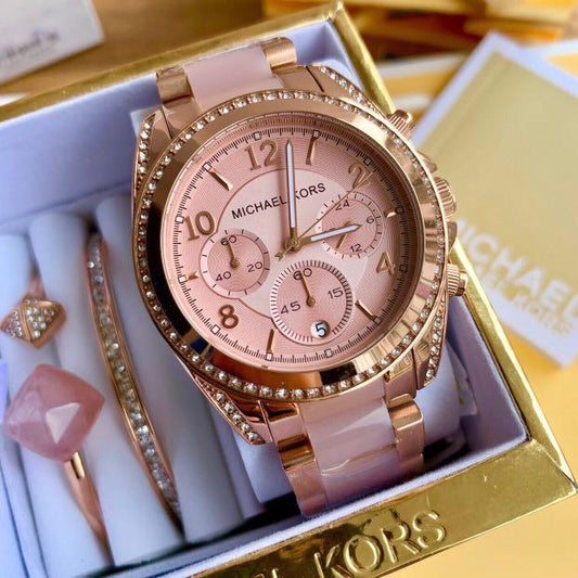 Michael Kors Chosmogragh Watch With Rose Gold Metal Case & Pink Dial Dated Multicolor Strap Watch For Women's Design For Girl Or Woman Best Gift Date Watch- MK-5943