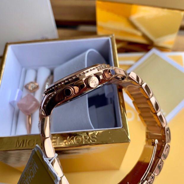 Michael Kors Chosmogragh Watch With Rose Gold Metal Case & Pink Dial Dated Multicolor Strap Watch For Women's Design For Girl Or Woman Best Gift Date Watch- MK-5943