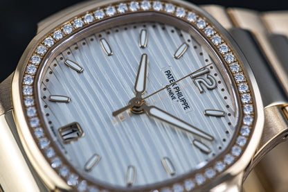 Patek Philippe Nautilus Diamond Bezel White Dial Rose Gold Strap Mad Watch Quartz Movement Dated Watch For Men's-Best Men's Collection PK-2135