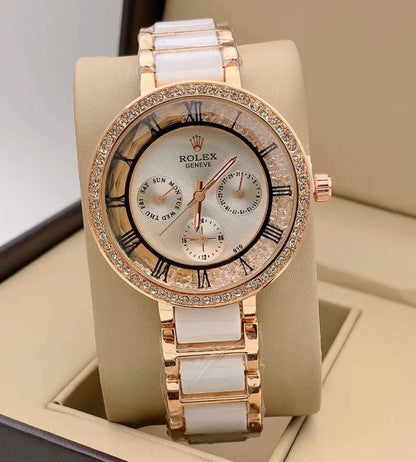 Rolex Two-Tone Strap Women's Chronograph RLX-250 Watch for Girl or Woman White Dial Diamond Case Best Gift For Women