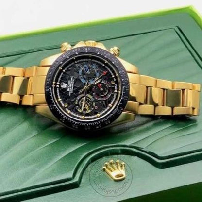 ROLEX OYESTER PERPETUAL Chronograph Quartz Gold Strap Men's Watch For Man RLX-GOLD-009 Black Dial Gift Watch