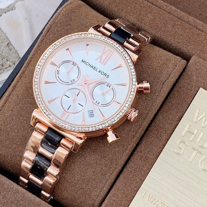 Michael Kors Rose Gold Diamond Case Women's Watch for Girl or Woman White Dial MK-6388