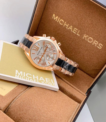 Michael Kors Chronograph Rose Gold And Black Strap Women's Watch for Girl or Women White Dial MK-9209